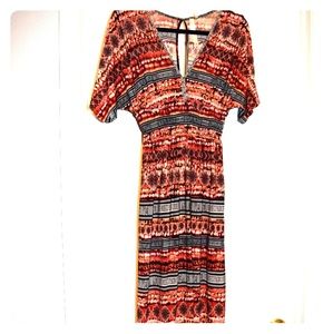 Maxi dress, orange, black, and earthy colors